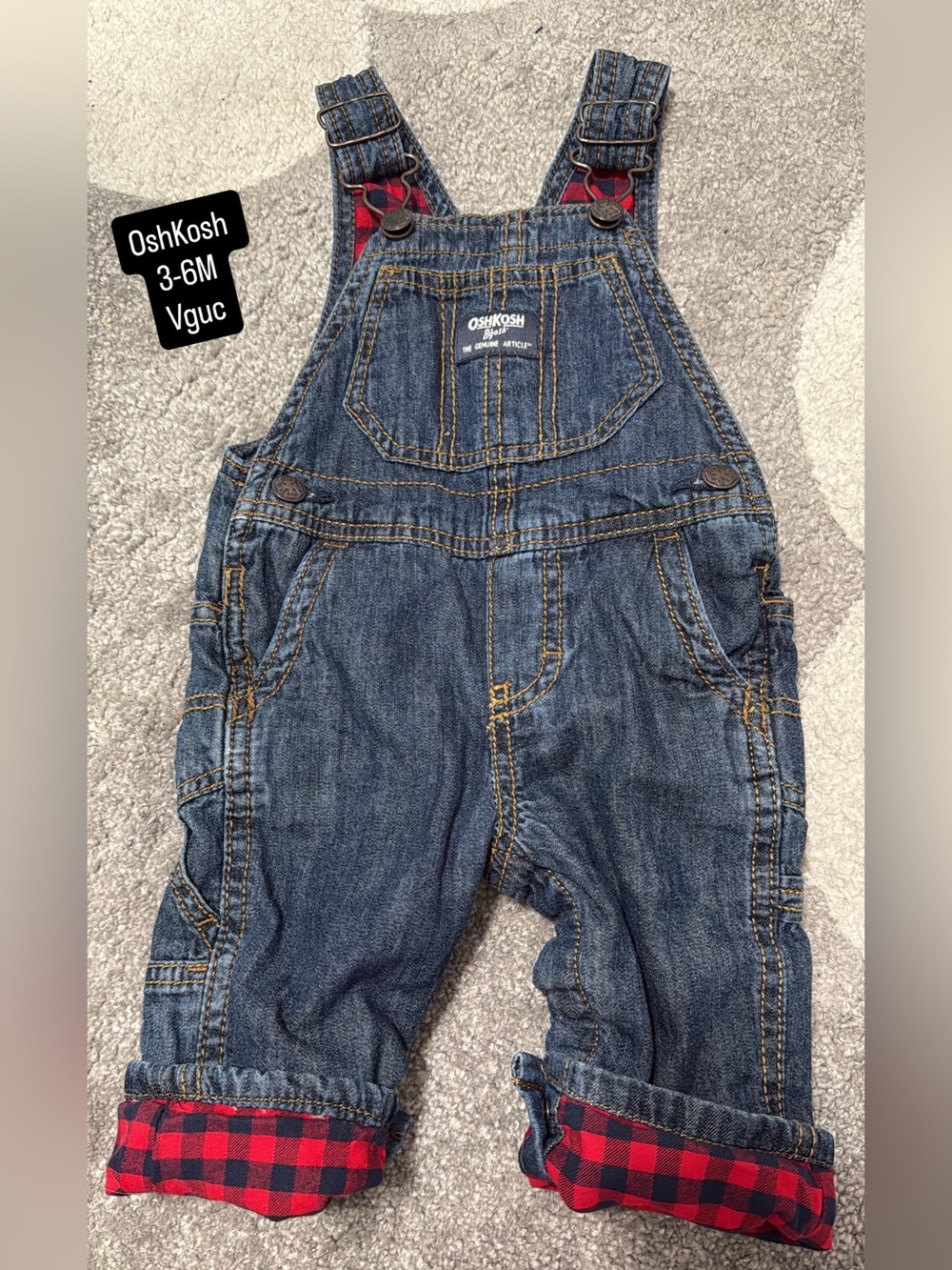 OshKosh B'gosh Denim Overalls with Red Plaid Cuffs